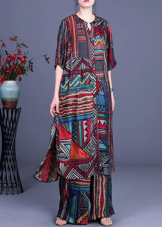 Stylish Geometric PrintSilk long shirts Wide Leg Two Piece Suit Set - SooLinen