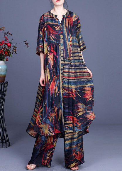 Stylish Geometric PrintSilk long shirts Wide Leg Two Piece Suit Set - SooLinen