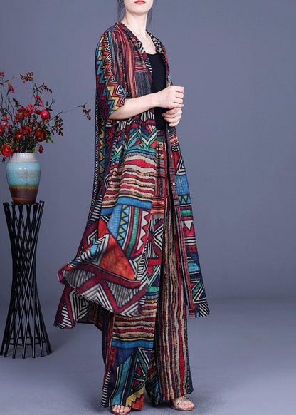 Stylish Geometric PrintSilk long shirts Wide Leg Two Piece Suit Set - SooLinen