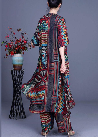 Stylish Geometric PrintSilk long shirts Wide Leg Two Piece Suit Set - SooLinen