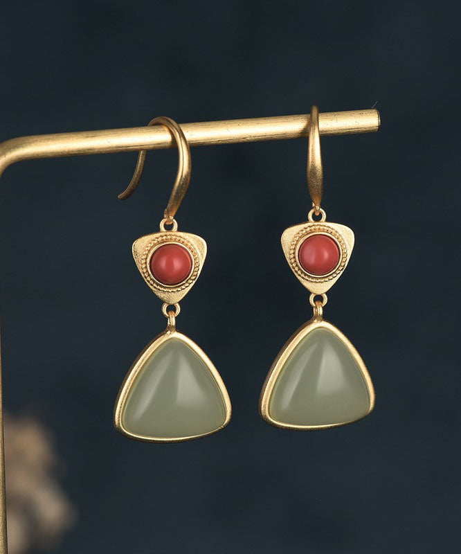 Elegantes pendientes colgantes de jade, ágata y oro antiguo
