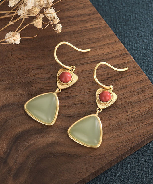 Elegantes pendientes colgantes de jade, ágata y oro antiguo
