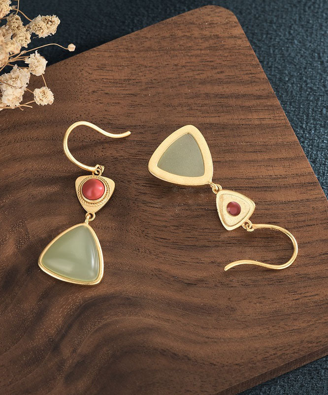 Elegantes pendientes colgantes de jade, ágata y oro antiguo