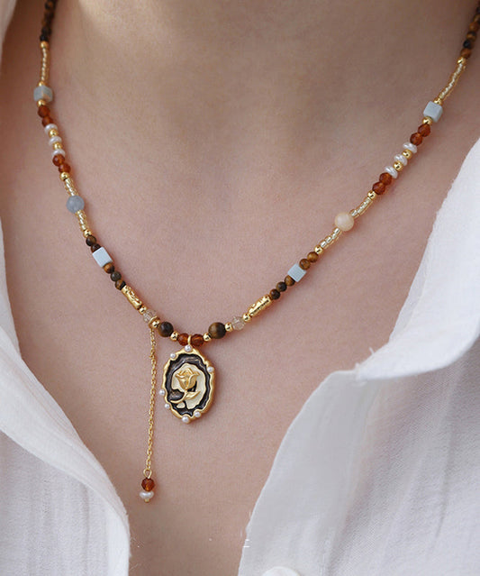 Stylish Gold Copper Alloy Tiger's Eye Stone Pearl Pendant Necklace