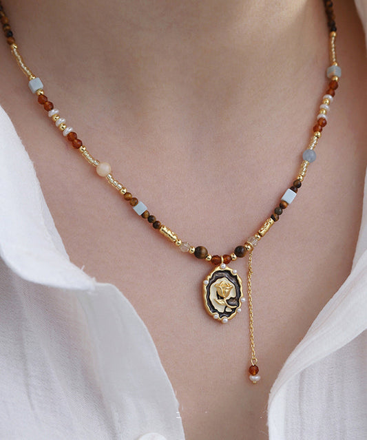 Stylish Gold Copper Alloy Tiger's Eye Stone Pearl Pendant Necklace