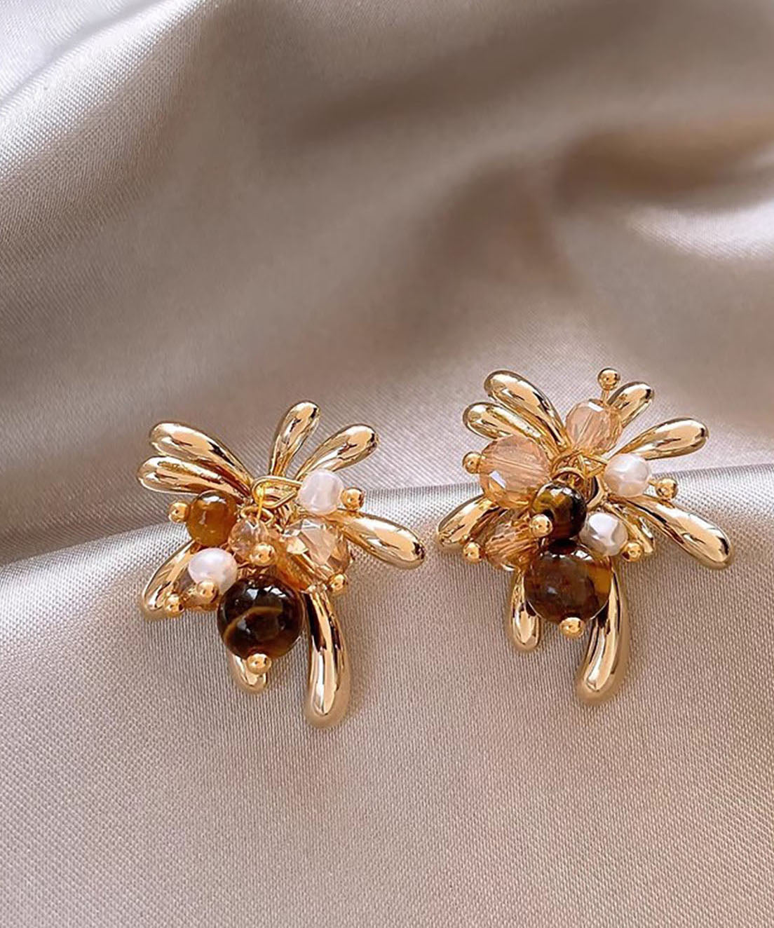 Stylish Gold Copper Overgild Pearl Fireworks Stud Earrings