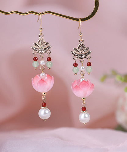 Elegantes pendientes colgantes con borlas de loto y esmalte de jade coloreado y dorado