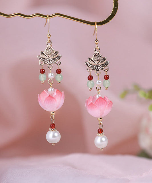 Elegantes pendientes colgantes con borlas de loto y esmalte de jade coloreado y dorado