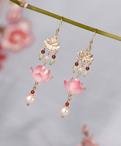 Elegantes pendientes colgantes con borlas de loto y esmalte de jade coloreado y dorado