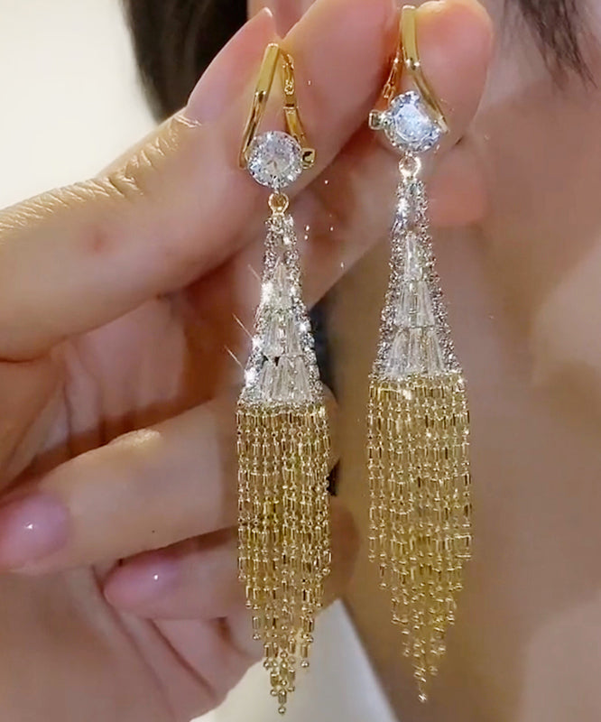 Elegantes pendientes colgantes con borlas y cadena en forma de abanico con circonitas doradas