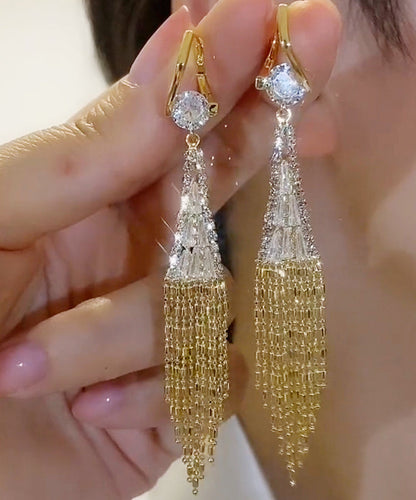 Elegantes pendientes colgantes con borlas y cadena en forma de abanico con circonitas doradas
