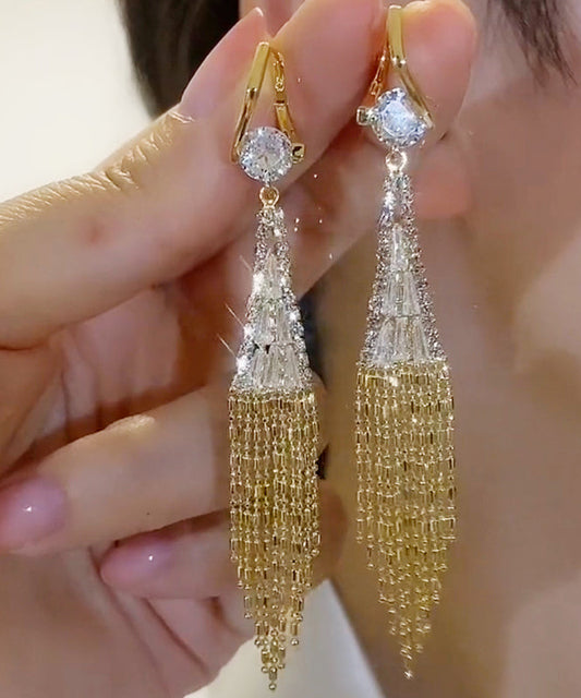 Elegantes pendientes colgantes con borlas y cadena en forma de abanico con circonitas doradas