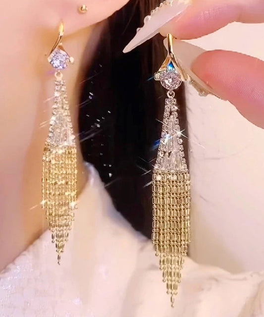 Elegantes pendientes colgantes con borlas y cadena en forma de abanico con circonitas doradas