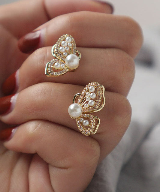 Elegantes pendientes de mariposa con perla y circonita de aleación de plata esterlina y oro