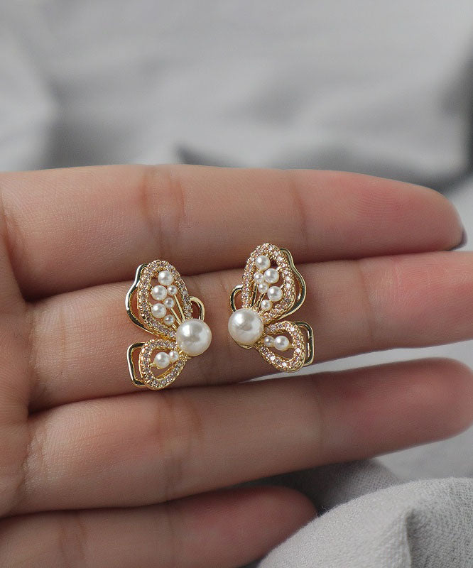 Elegantes pendientes de mariposa con perla y circonita de aleación de plata esterlina y oro