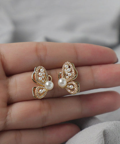 Elegantes pendientes de mariposa con perla y circonita de aleación de plata esterlina y oro