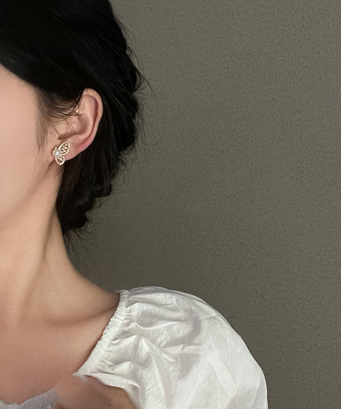 Elegantes pendientes de mariposa con perla y circonita de aleación de plata esterlina y oro