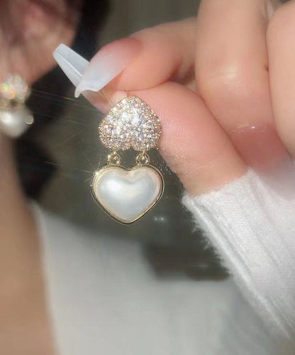 Elegantes pendientes colgantes de aleación de plata esterlina y oro con circonitas y perlas