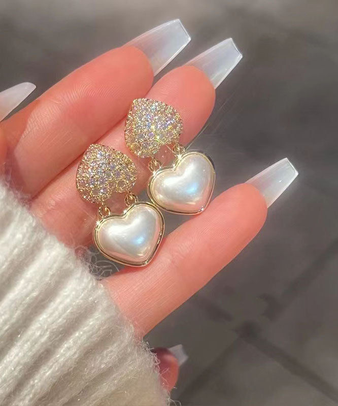 Elegantes pendientes colgantes de aleación de plata esterlina y oro con circonitas y perlas