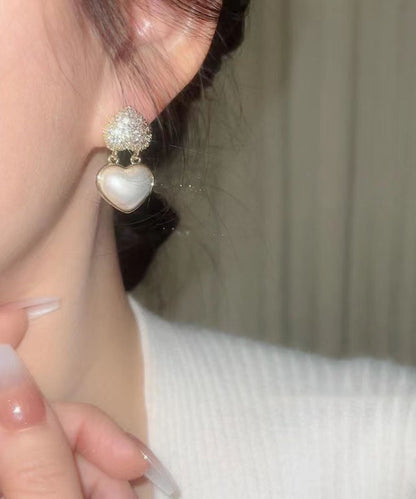 Elegantes pendientes colgantes de aleación de plata esterlina y oro con circonitas y perlas