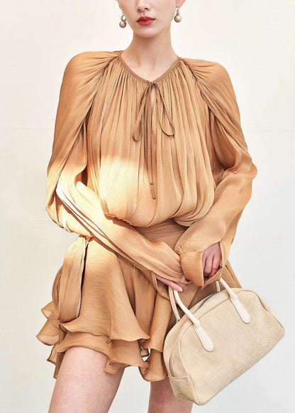 Stylish Gold Wrinkled Lace Up Silk Mini Dresses Fall