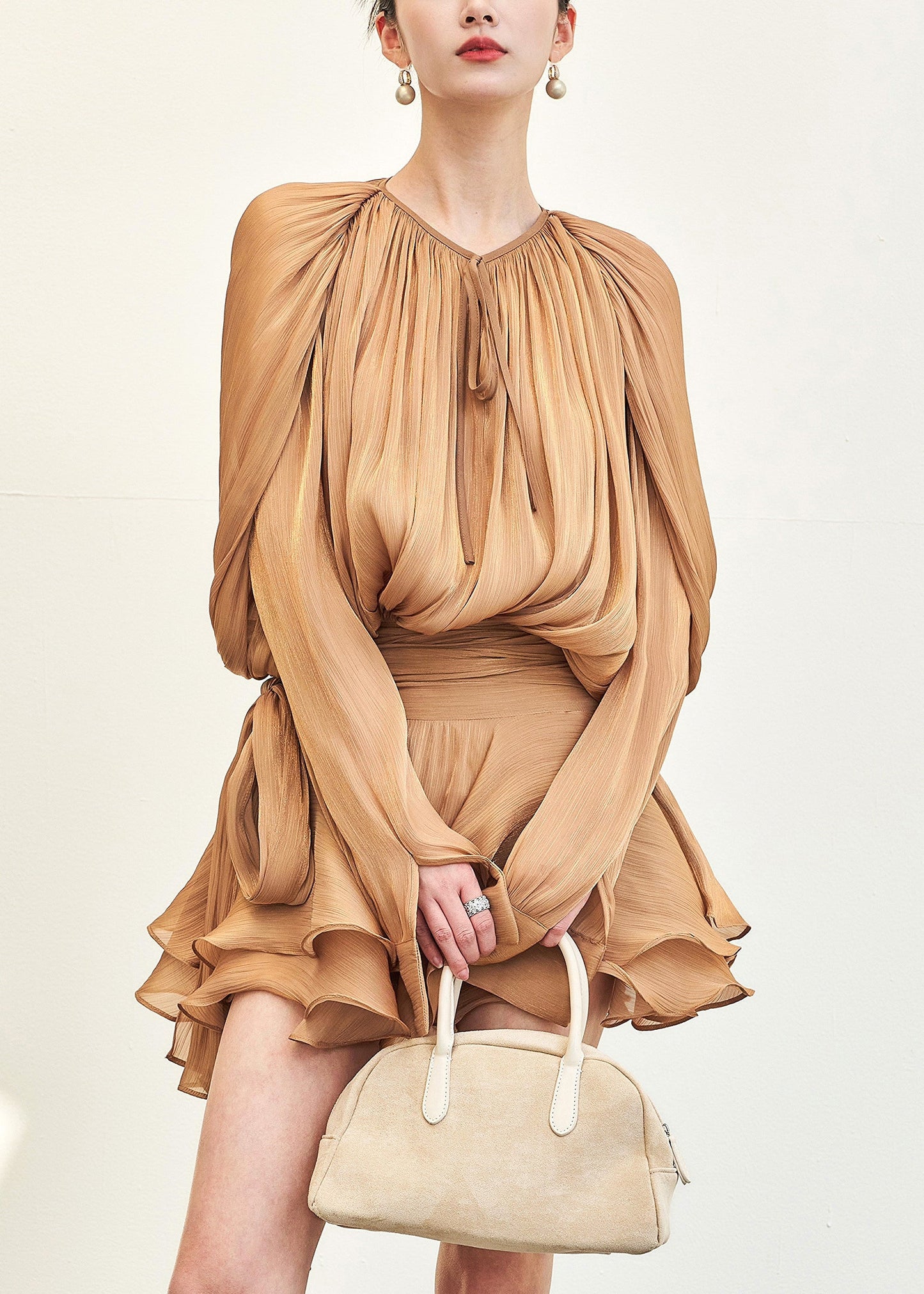 Stylish Gold Wrinkled Lace Up Silk Mini Dresses Fall