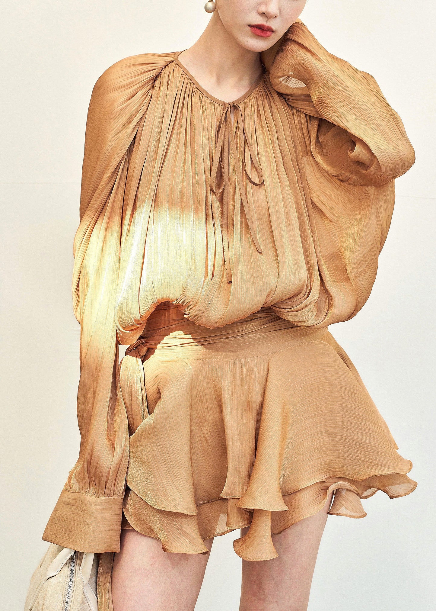 Stylish Gold Wrinkled Lace Up Silk Mini Dresses Fall