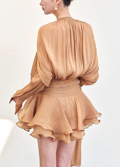 Stylish Gold Wrinkled Lace Up Silk Mini Dresses Fall