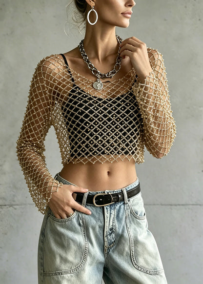 Stylish Golden Hollow Out Nail Bead Tulle Tops Summer