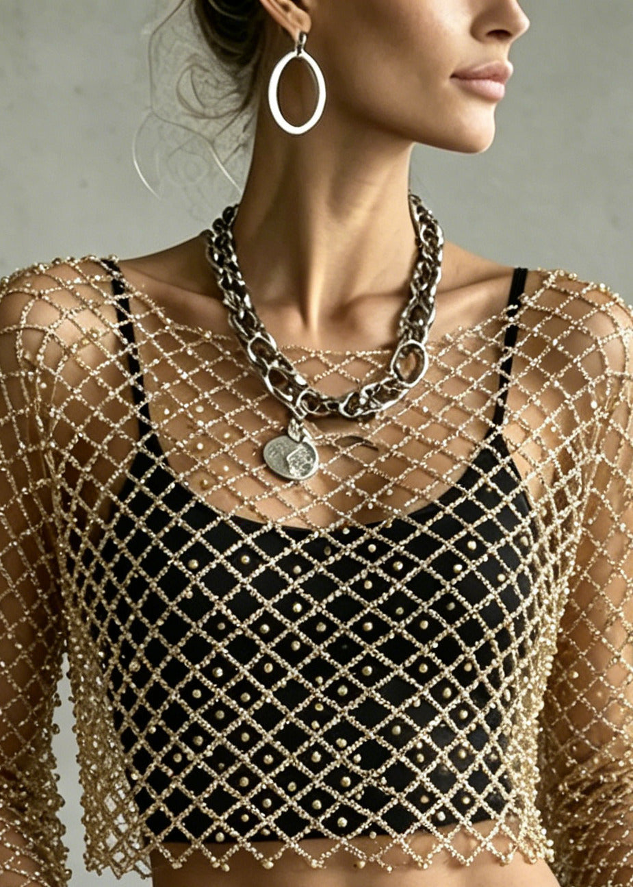 Stylish Golden Hollow Out Nail Bead Tulle Tops Summer