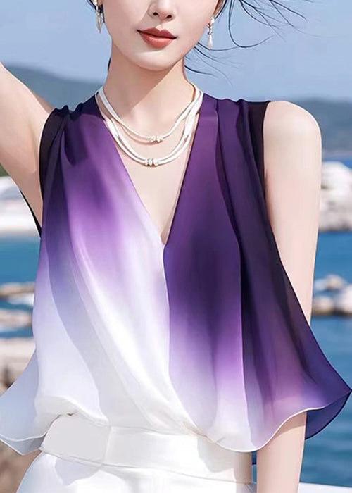 Stylish Gradient Color V Neck Patchwork Chiffon Tank Sleeveless
