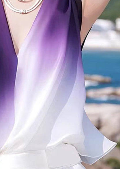Stylish Gradient Color V Neck Patchwork Chiffon Tank Sleeveless
