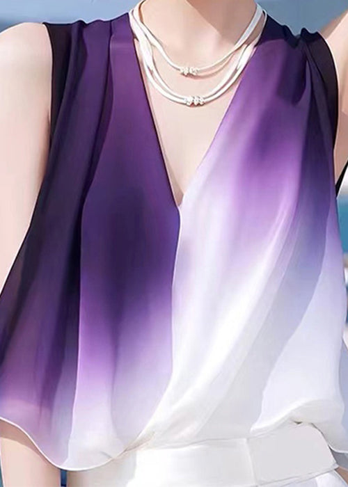 Stylish Gradient Color V Neck Patchwork Chiffon Tank Sleeveless