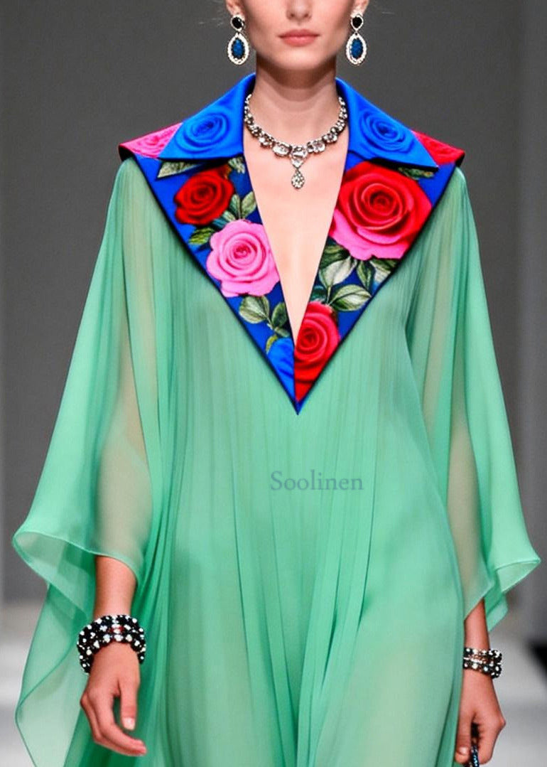 Stylish Grass Green Peter Pan Collar Patchwork Chiffon Dresses Summer