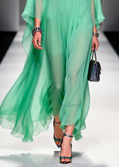 Stylish Grass Green Peter Pan Collar Patchwork Chiffon Dresses Summer
