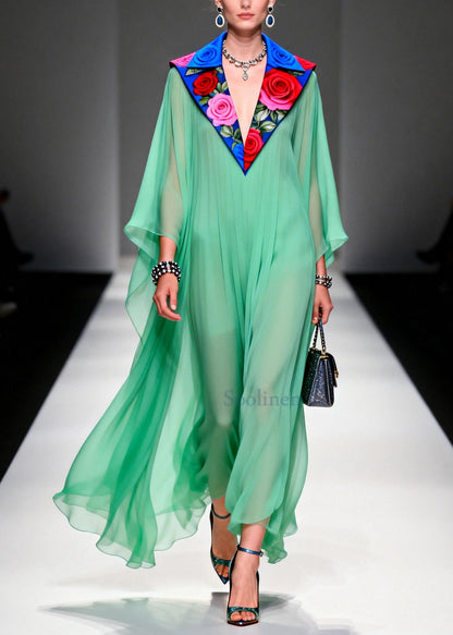 Stylish Grass Green Peter Pan Collar Patchwork Chiffon Dresses Summer