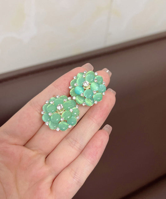 Stylish Green Alloy Zircon Floral Cat's Eye Stud Earrings