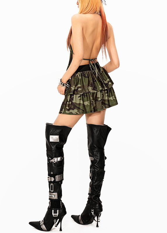 Stylish Green Camouflage V Neck Wrinkled Mid Dress Sleeveless