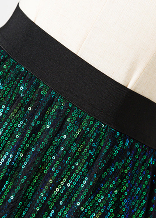 Stilvolle Grüne Elastische Taille Pailletten Tüll A Linie Rock