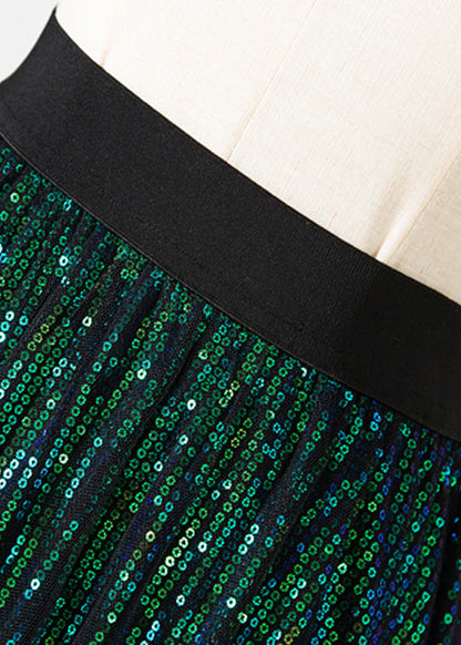 Stilvolle Grüne Elastische Taille Pailletten Tüll A Linie Rock