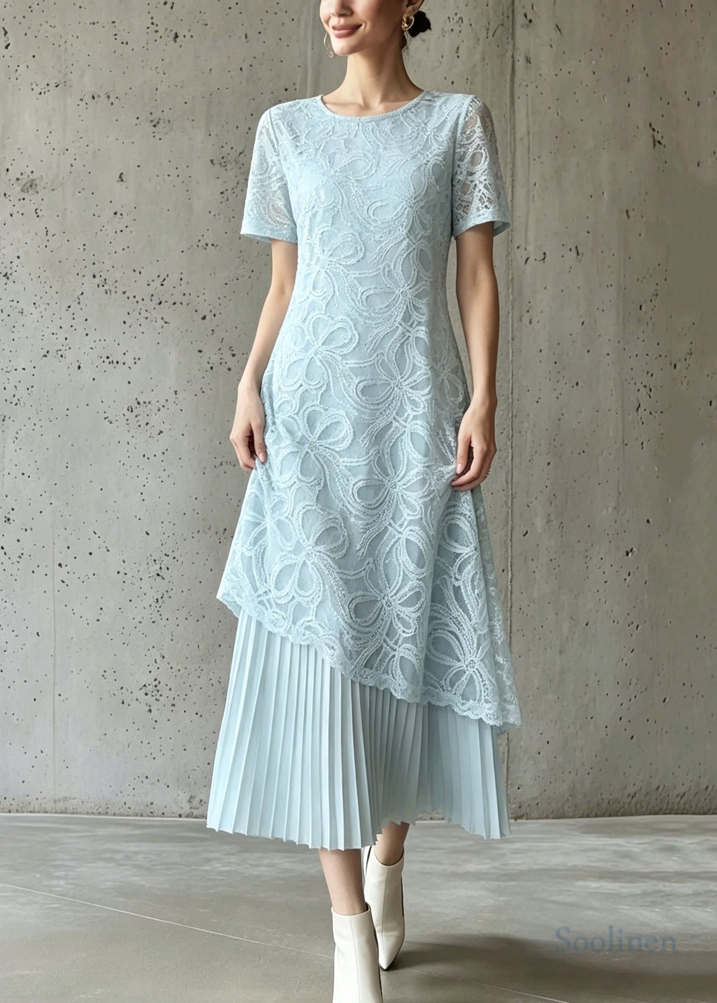 Stylish Green Embroidered Patchwork Chiffon Pleated Dresses Summer