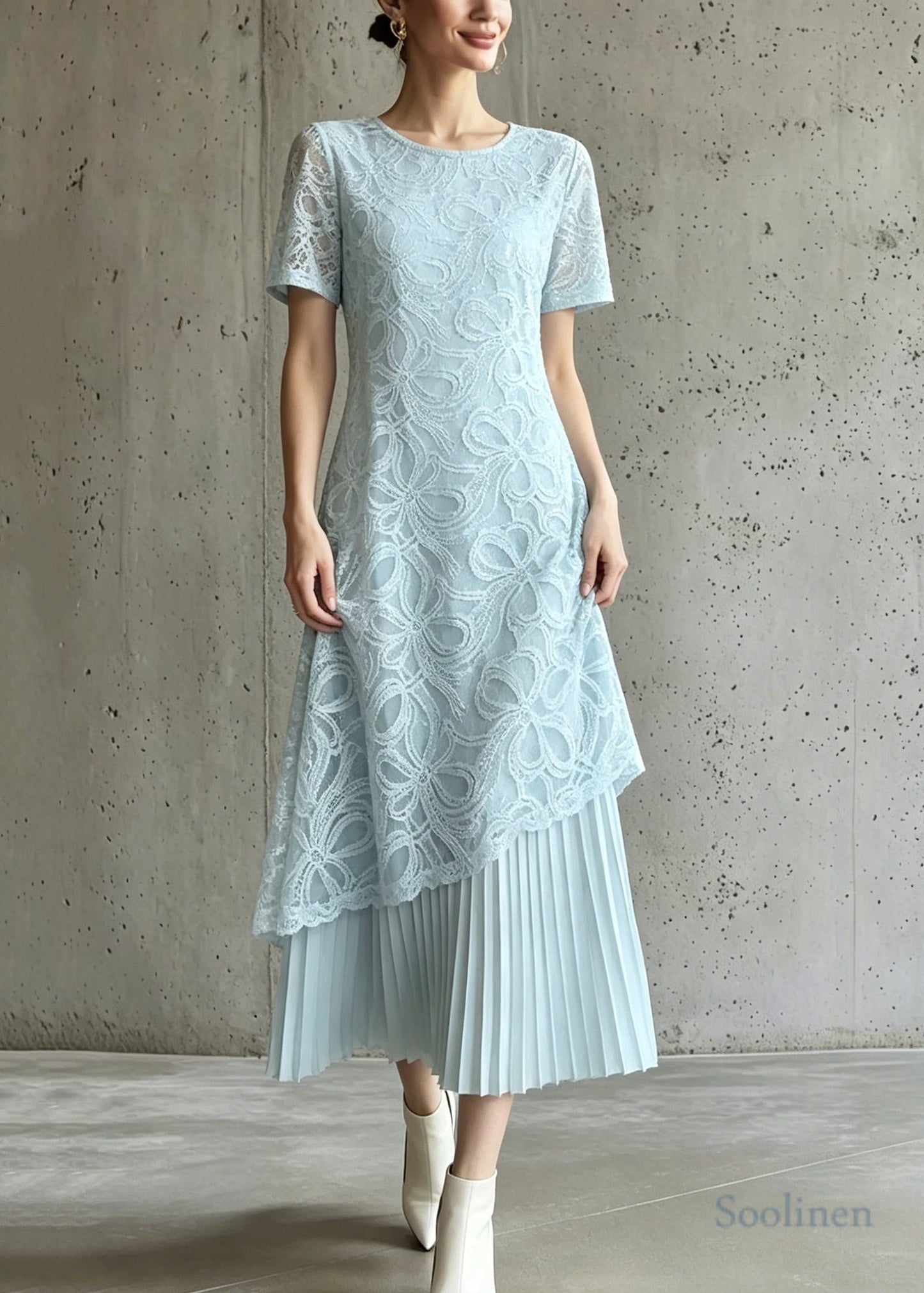 Stylish Green Embroidered Patchwork Chiffon Pleated Dresses Summer