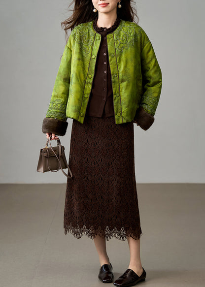 Stylish Green Embroidered Patchwork Mink Hair Duck Down Coats Winter