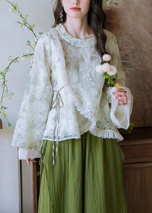 Elegantes blusas de algodón con volantes, encaje y bordados verdes para otoño