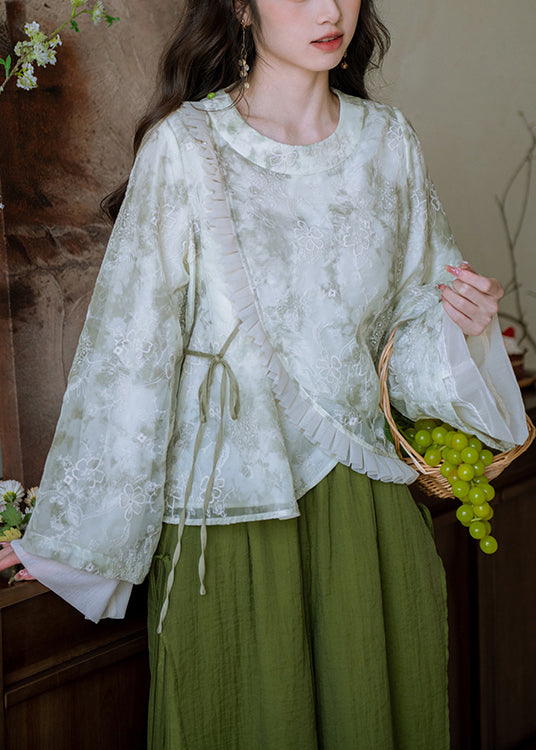 Stylish Green Embroidered Ruffled Lace Up Cotton Blouses Fall