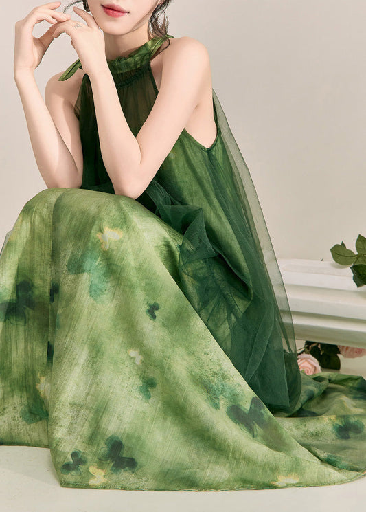 Stylish Green Halter Backless Fake Two Pieces Tulle Long Dress Sleeveless