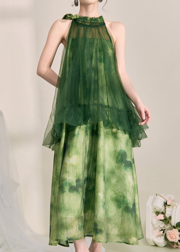 Stylish Green Halter Backless Fake Two Pieces Tulle Long Dress Sleeveless