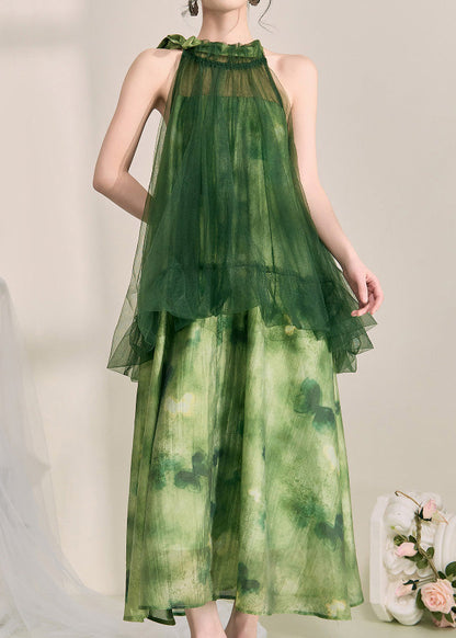 Stylish Green Halter Backless Fake Two Pieces Tulle Long Dress Sleeveless