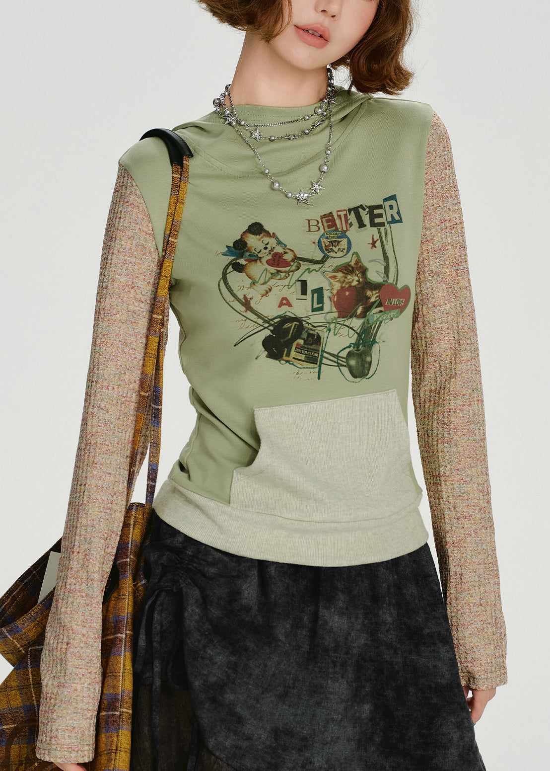 Stilvolles grünes Kapuzen-Sweatshirt aus Patchwork-Baumwolle, Frühlingsoberteil