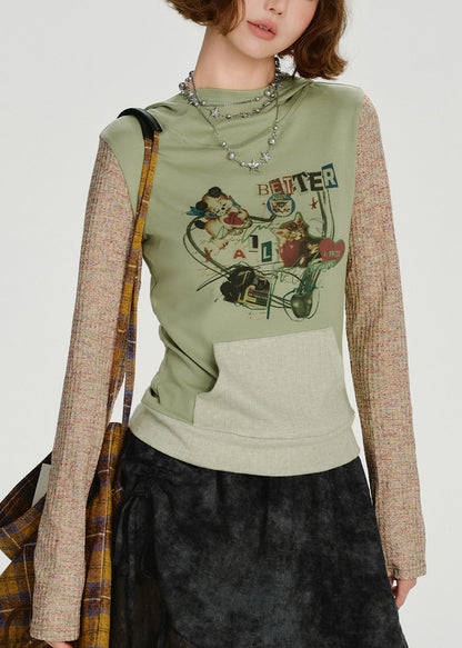 Stilvolles grünes Kapuzen-Sweatshirt aus Patchwork-Baumwolle, Frühlingsoberteil